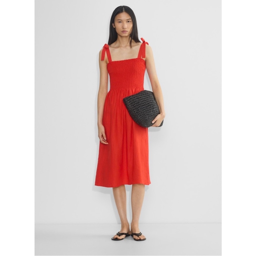 Aritzia Wilfred golden hour linen Red Tie-Shoulder Smocked Midi Dress